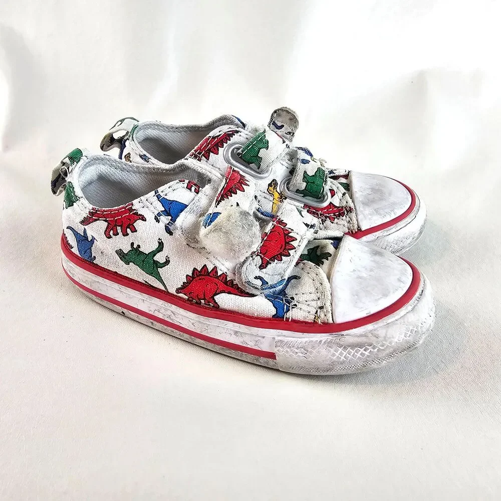 Converse All Star Dino Print Toddler Shoes US 7 White Hook Loop Sneakers Canvas